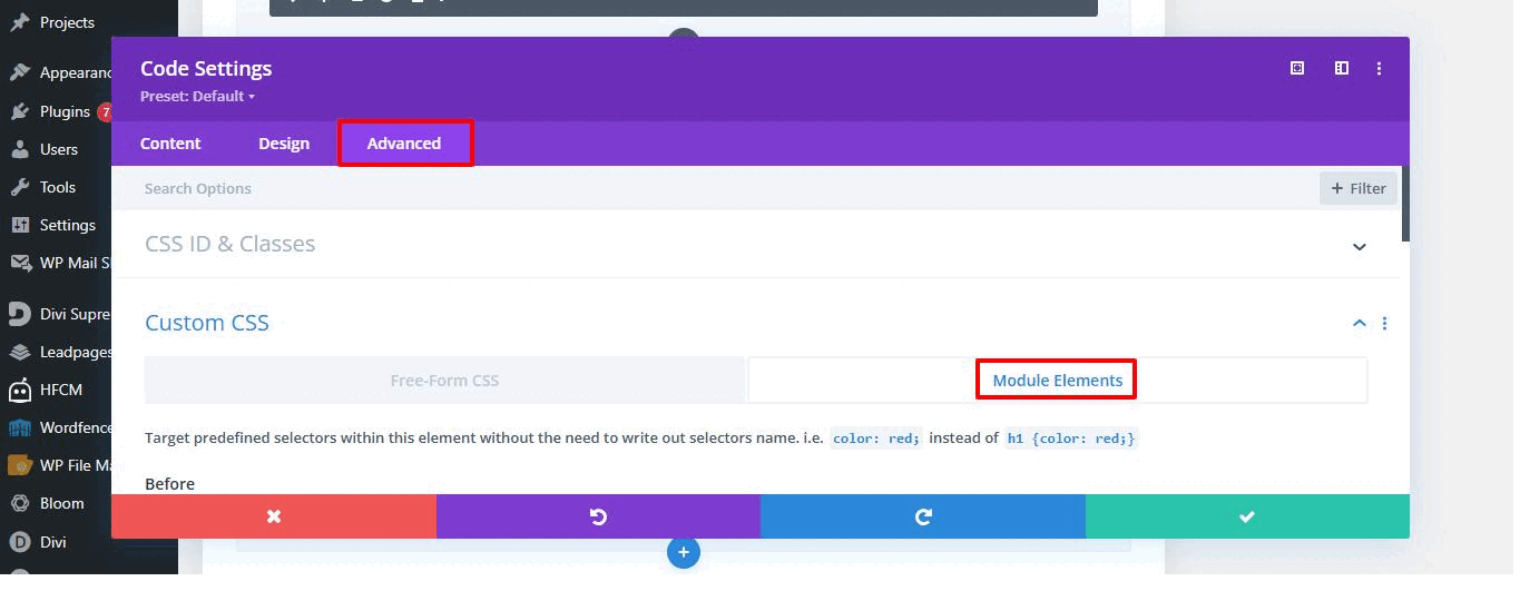 Divi Code Settings Advanced tab showing the Module Elements custom CSS option